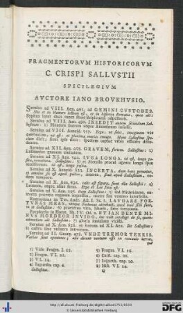 Fragmentorum Historicorum C. Crispi Sallustii Spicilegium Auctore Iano Brouckhusio.