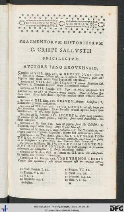 Fragmentorum Historicorum C. Crispi Sallustii Spicilegium Auctore Iano Brouckhusio.