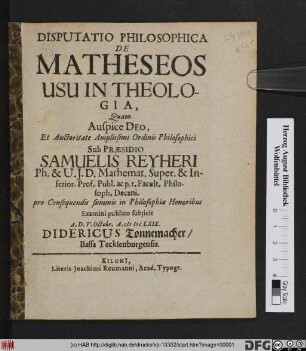 Disputatio Philosophica De Matheseos Usu In Theologia