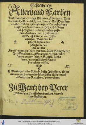 Schreiberey: Allerhand Farben Vnd mancherley weyse Dinnten zů bereyten. ...