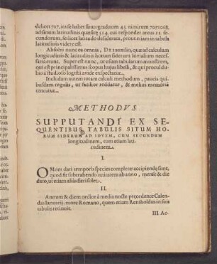Methodus Supputandi Ex Sequentibus Tabulis Situm Horum Siderum Ad Iovem, Cum Secundum longitudinem, tum etiam latitudinem.