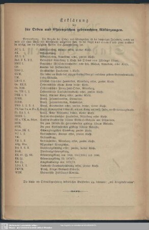 Erklärung der Orden und Ehrenzeichen gebrauchten Abkürzungen