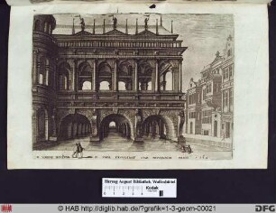 Halle auf einem gewölbten Fundament im Wasser stehend, auf der rechten Seite eine Häuserreihe.