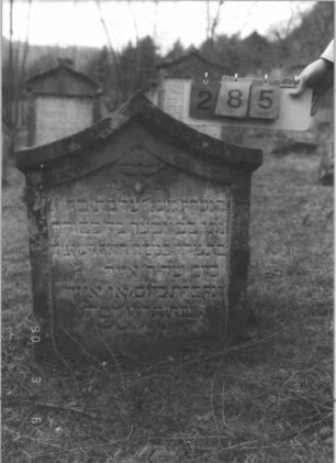 Grabstein 285 (Index: 99609009) Material: Sandstein Zustand: leicht verwittert Maße HxBxT: 89x69x11 cm Beschreibung: Stele, geschweifter Giebel, Schriftfeld eingetieft in gleicher Form Besonderheit: Foto 285A unscharf: Grabstein 285