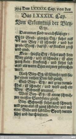 Das LXXXIX. Cap. Vom Erkenntniß der Bley-Ertze