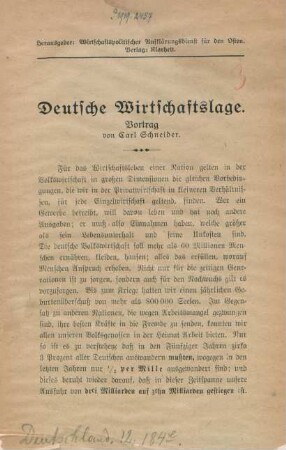 Deutsche Wirtschaftslage : Vortrag