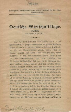 Deutsche Wirtschaftslage : Vortrag
