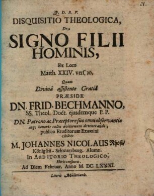 Disquisitio Theologica, De Signo Filii Hominis : Ex Loco Matth. XXIV. vers. 30