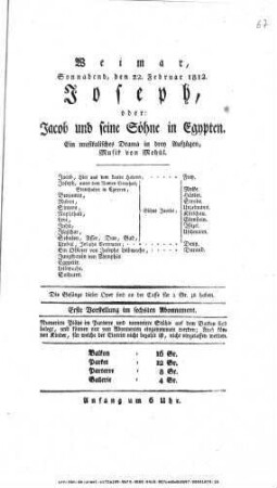 Joseph, oder: Jacob und seine Söhne in Egypten