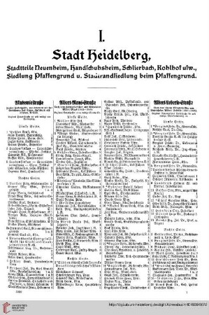 Verzeichnis der Haus=Eigentümer und Haus=Bewohner: I. Stadt Heidelberg, Stadtteile Neuenheim, Handschuhsheim, Schlierbach, Kohlhof, usw., Siedlungen Pfaffengrund u. Stadtrandsiedlung