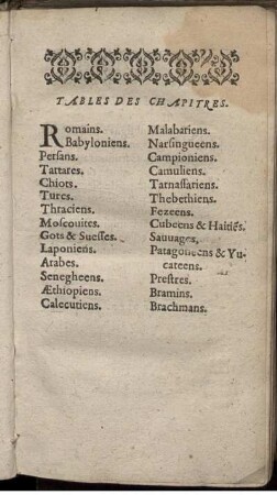 Tables des chapitres