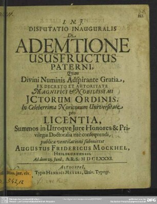 Disputatio inauguralis: De ademtione ususfructus paterni