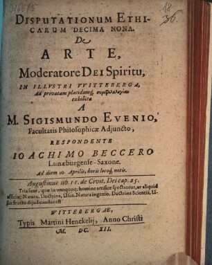 Disputationum Ethicarum Decima Nona. De Arte