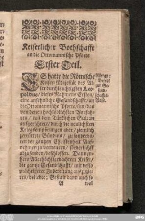 Keiserlicher Bothschafft an die Ottomannische Pforte Erster Theil.