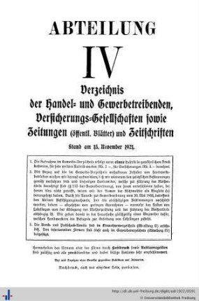 Abteilung IV. Verzeichnis der Handel- und Gewerbetreibenden, sowie andere Berufsarten. Versicherungsgesellschaften. Zeitungen und Zeitschriften.