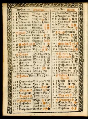 Alt Calender. Martius/ New Kal. Mertz.