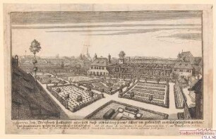 Widmungsblatt Boeners für Johann Christoph Volkamer mit einer Ansicht von dessen Garten in Gostenhof.