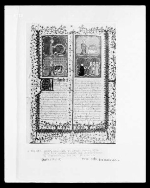 Livre des propriétés des choses / De propriétés rerum — Widmungsblatt mit Genesisszenen und Überreichung der Handschrift, Folio 14