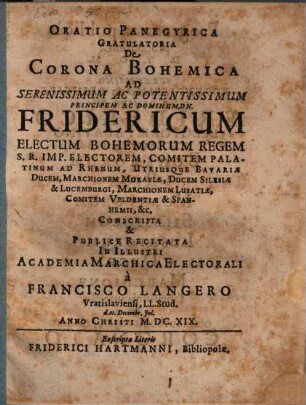 Oratio panegyrica de corona Bohemica