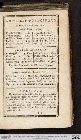 Articles principaux du Calendrier pour l'Anne 1776