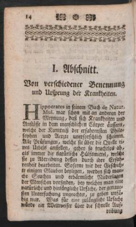 I. Abschnitt. Von verschiedener Benennung und Ursprung der Krankheiten
