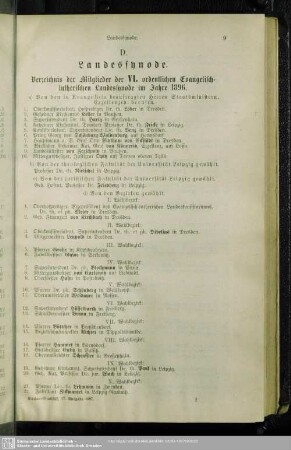 D. Landessynode : Verzeichnis der Mitglieder der VI. ordentlichen Evangelisch-lutherischen Landessynode im Jahre 1896