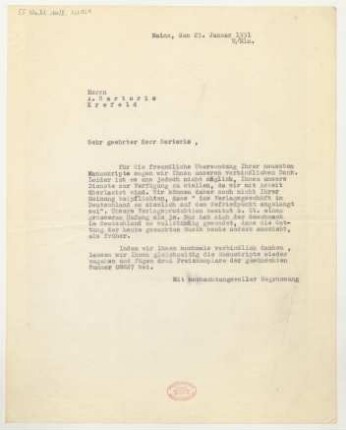 Brief an Arnoldo Sartorio : 23.01.1931