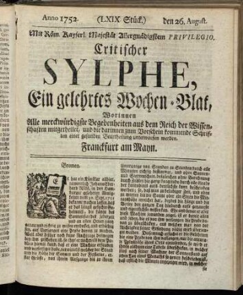 (LXIX. Stück.) den 26. August. Anno 1752.