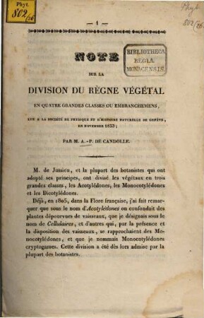 Note sur la division du regne végétal en quatre grandes classes ou embranchemens