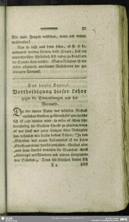 Das dritte Kapitel. Vertheidigung dieser Lehre gegen die Einwendungen aus der Vernunft