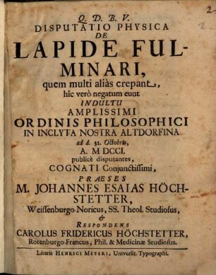 Disputatio Physica De Lapide Fulminari : quem multi alias crepant, hic vero negatum eunt