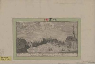 Ansicht der Friedrichstraße in Dresden, Kupferstich, vor 1782 : Prospect, der Hauptstrasse zu Friedrichstadt bey Dresden, 1.) von der Kirche, und 2.) dem Ostra Vorwerge, 3.) der Menagerie an, bis gegen die Stadt / [gez. u. gest. F. G. Schlitterlau]. - [Dresden] , [ca. 1760]. - 1 Kunstbl. : Kupferstich ; 25 x 13 cm