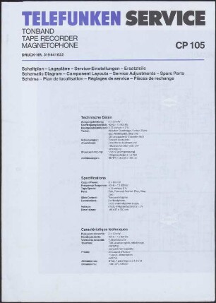 Bedienungsanleitung: Telefunken Service Tonbandgerät magnetophone CP 105