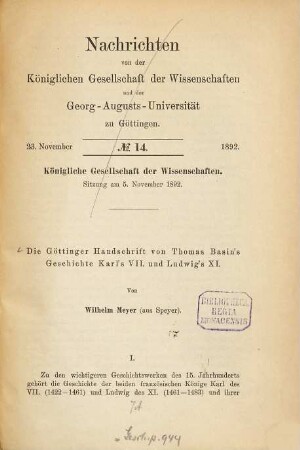 Die Göttinger Handschrift von Thomas Basin's Geschichte Karl's VII. und Ludwig's XI.