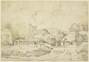 Landschaft mit Getreidefeldern und weidenden Kühen vor einem Dorf