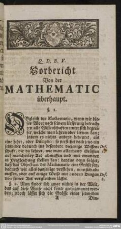 Vorbericht Von der Mathematic überhaupt