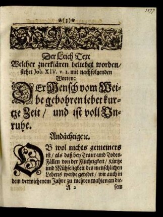 Der Leich-Text [...] stehet Job. XIV. v. 1. mit nachfolgenden Worten: