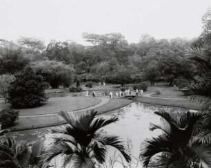 Botanischer Garten : Buitenzorg (Bogor) (Java/Indonesien). Botanischer Garten (1817; K. G. K. Reinwardt). Blick von erhöhtem Standort auf Lotusteich mit Touristen der Hapag auf einem Steg