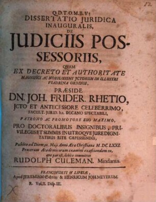 Diss. iur. inaug. de iudiciis possessoriis