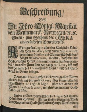 Beschreibung Des ... zum Beschluß der Opera angezündeten Feuerwercks.