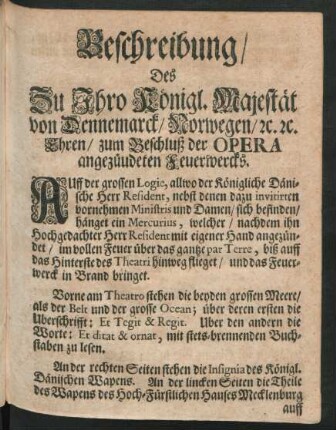 Beschreibung Des ... zum Beschluß der Opera angezündeten Feuerwercks.