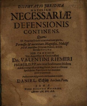 Disputatio Iuridica Materiam Necessariae Defensionis Continens