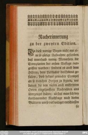 Nacherinnerung zu der zweyten Edition.