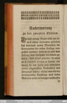 Nacherinnerung zu der zweyten Edition.