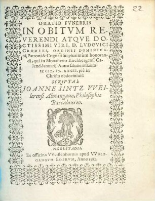 Oratio Funebris In Obitum Reverendi Atque Doctissimi Viri, D. Ludovici Cromeri, Ordinis Dominicani ...
