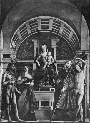 Thronende Maria mit dem segnenden Kind und den Heiligen Johannes der Täufer, Augustinus und Sebastian