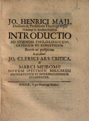 Introductio ad studium philologicum criticum et exegeticum brevis ac perspicua ...