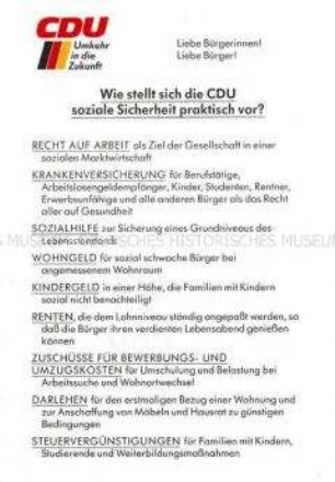 Wahlflugblatt des CDU-Parteivorstandes Berlin mit dem Schwerpunktthema der Sozialpolitik