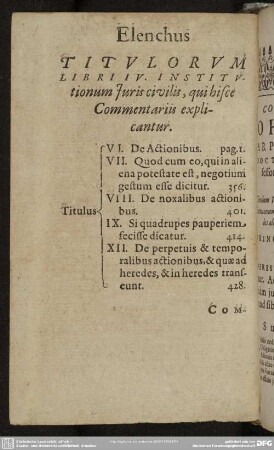 Elenchus Titulorum Libri IV. Institutionum Juris civilis, qui hisce Commentariis explicantur
