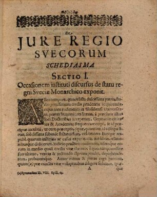 Isaaci Hedraei De iure regio Suecorum dissertatio : qua imprimis ostenditur, imperandi modum apud Suecos esse Monarchicum